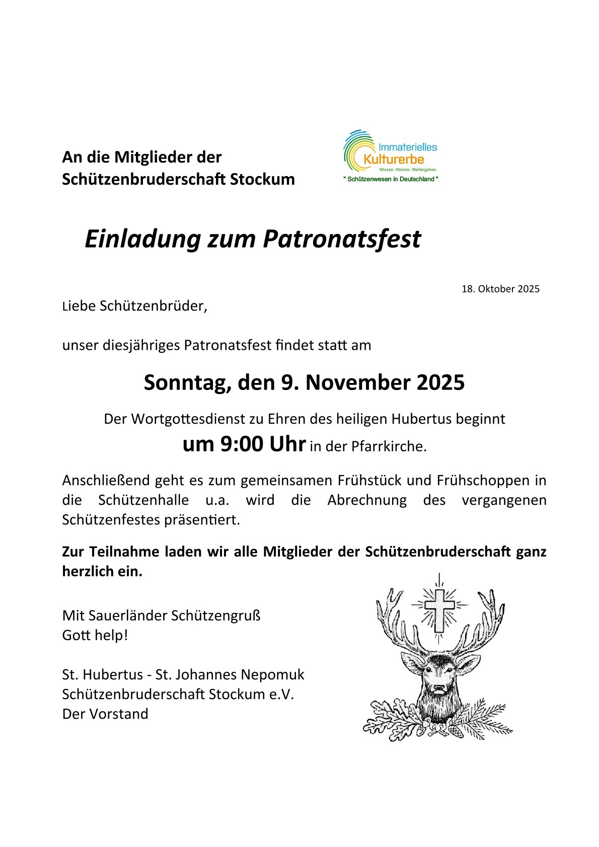 Mehr über den Artikel erfahren Patronatsfest zu Ehren des heiligen Hubertus