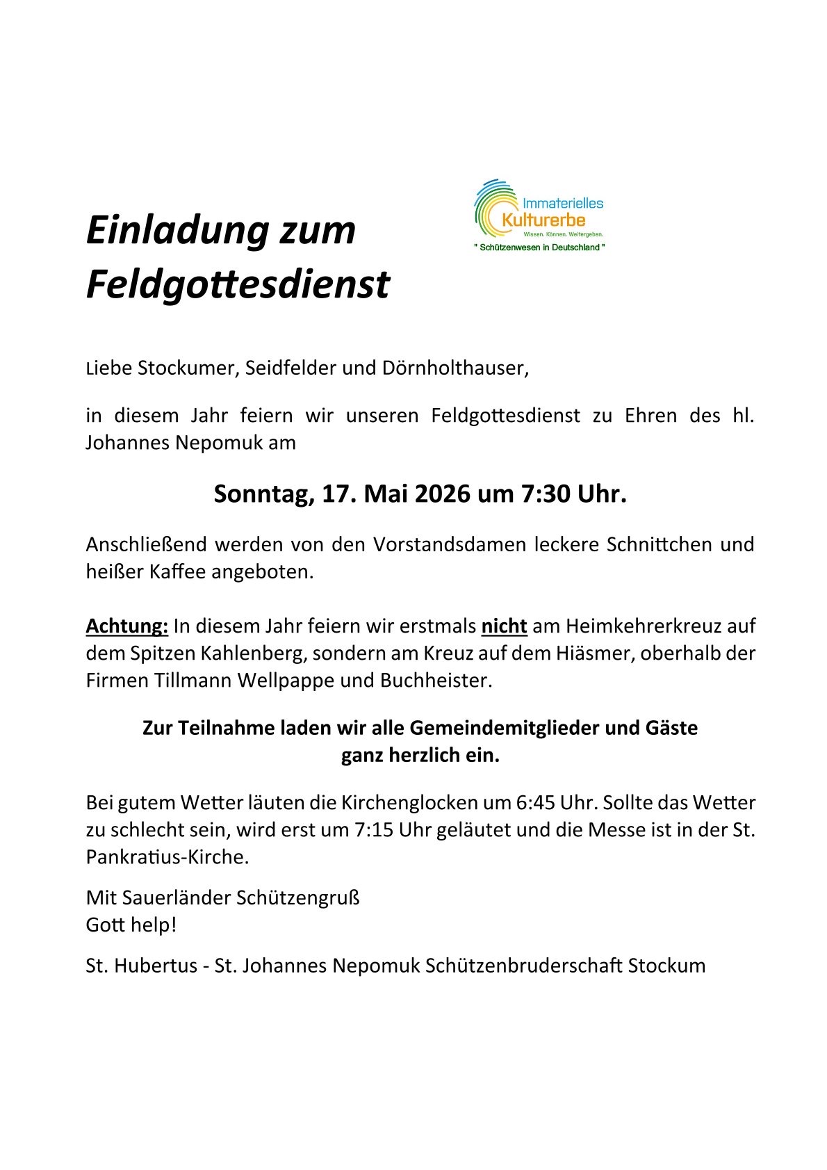 Mehr über den Artikel erfahren Herzliche Einladung zum Feldgottesdienst